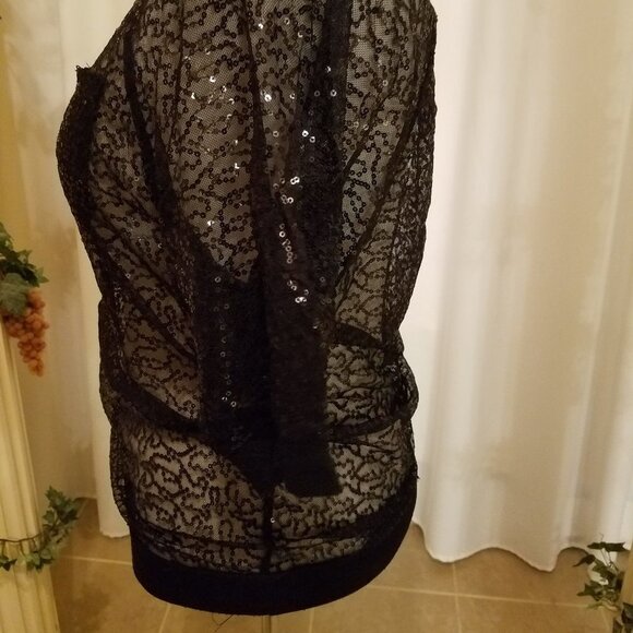 Black shear sequin short sleeve front pocket L - Picture 4 of 6